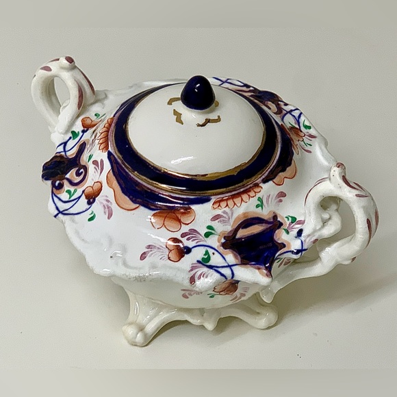 19th Century Antique Gaudy Welsh Urn Variant Footed Lidded Sugar Bowl - Picture 12 of 16